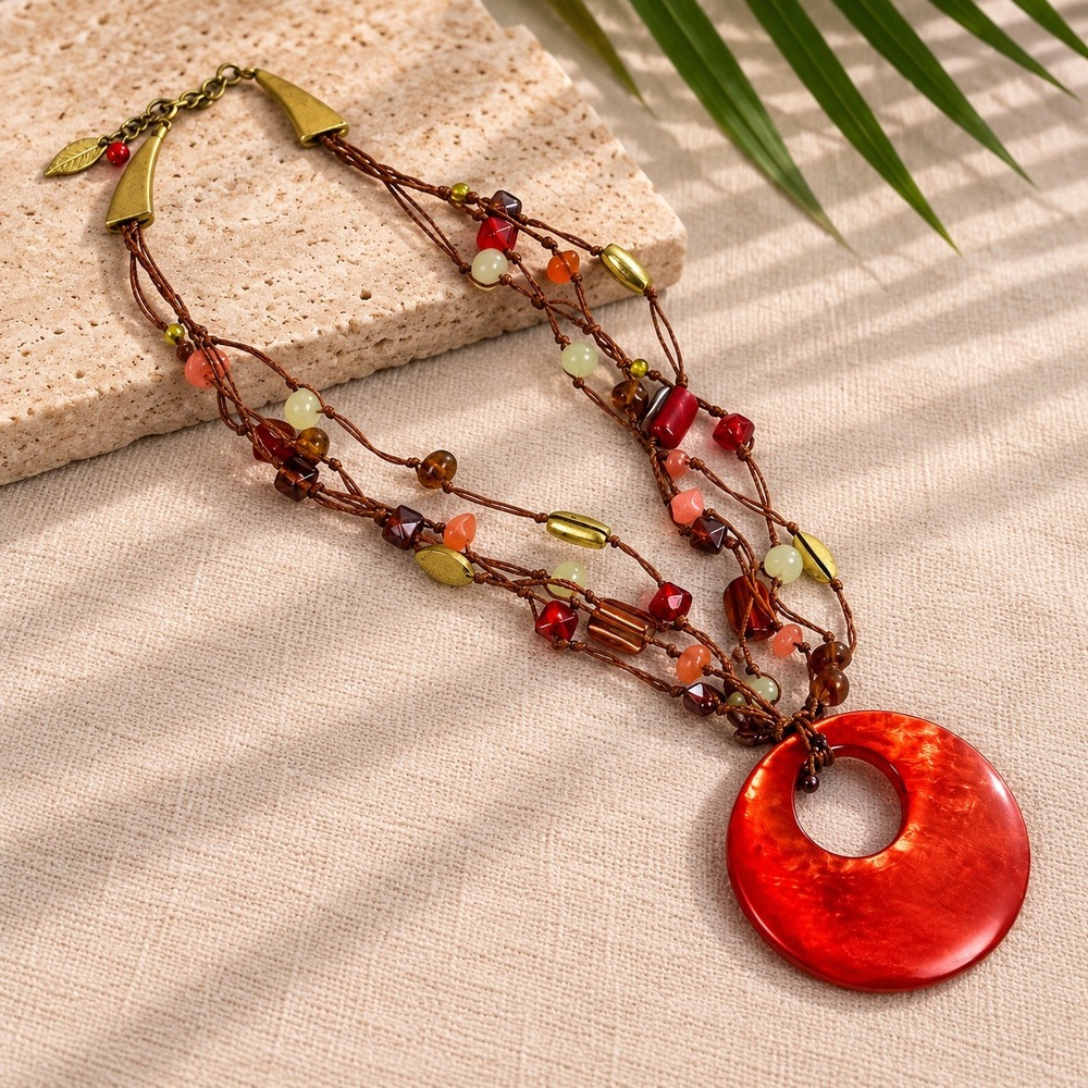 Coldwater Creek Orange Pendant Multi Strand Beaded Cord Necklace Gold‎ Tone Boho